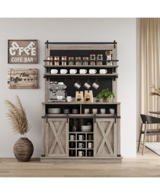 75 Inch Farmhouse Coffee Bar Cabinet with Sliding Barn Doors, Storage Buffet Sideboard with Adjustable Shelves