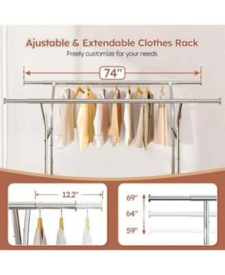 74" W Heavy Duty Clothes Rack, Double Rods Clothing Rack Load 630 LBS, Rolling Clothes Racks for Hanging Clothes 400+, Garment Rack