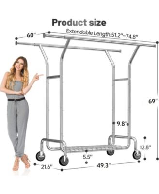 Double Rods Rolling Clothing Rack with 360° Lockable Wheels, Easy Assembly, Portable Adjustable Garment Rack with Shelves