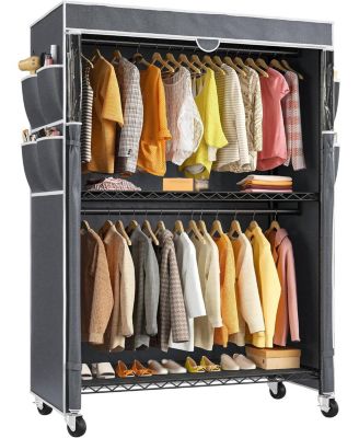 Clothes Rack with Cover, 81" H Clothing Racks for Hanging Clothes, Portable Closet with Wheels, Side Pockets and Adjustable Feets for Bedroom