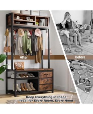 Hall Tree with Bench and Shoe Storage, Coat Rack Freestanding with 3 Fabric Drawers, Entryway Bench with Shoe Storage, Hall Tree with 12 Hooks