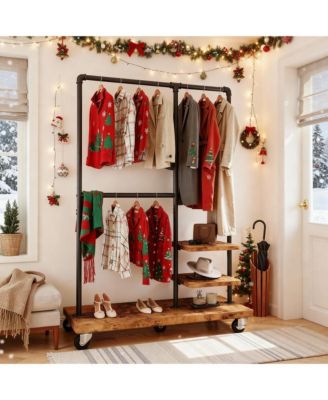 Clothes Rack, Heavy Duty Clothing Rack, Industrial Pipe Clothes Rack with Shelves, Rolling Garment Rack for Bedroom, Retail Store, Rustic