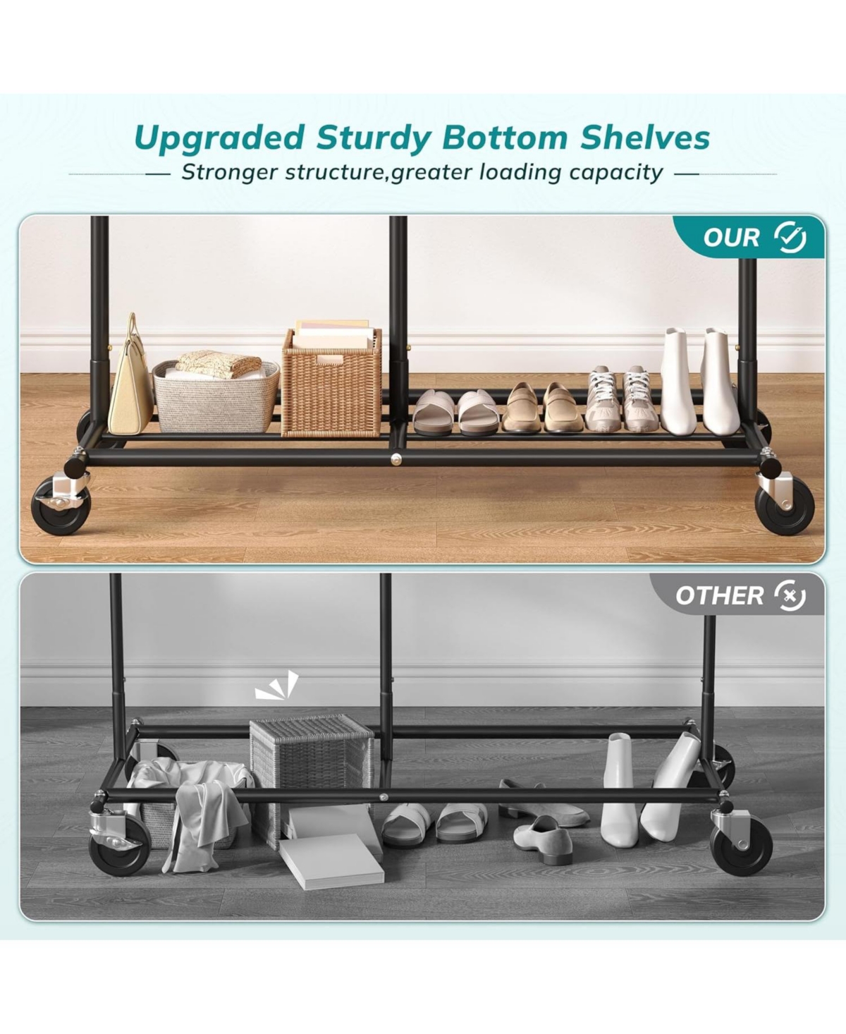 Raybee Clothes Rack Heavy Duty, Clothing Racks for Hanging Clothes 200+, Metal Clothing Rack with Wheels, Rolling Commercial Garment Rack Portable