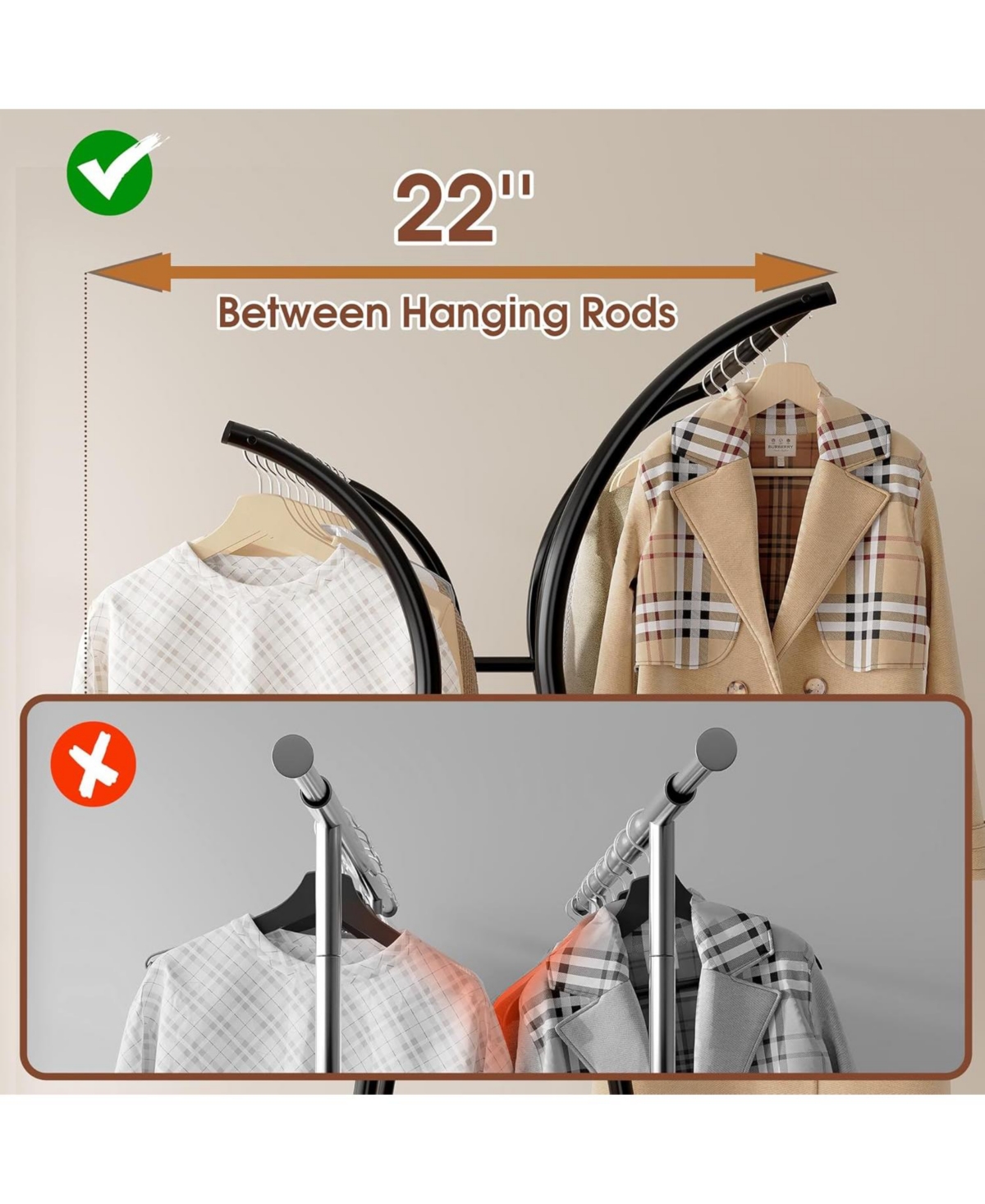 Raybee Heavy Duty Clothes Racks for Hanging Clothes, Clothing Rack with Wheels Load 360LBS, Portable Double Rod Garment Racks for Closet, Bedroom