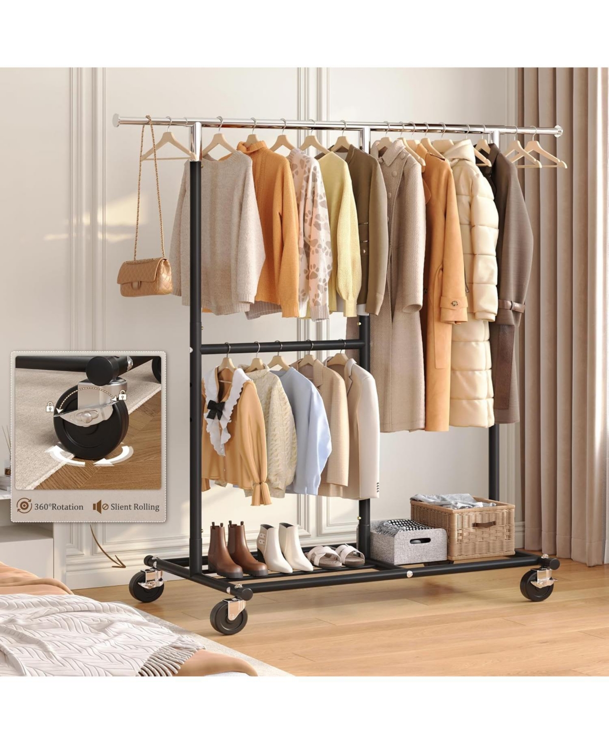 Raybee Heavy Duty Clothes Rack, Adjustable Clothing Rack with Wheels, 455 Lbs Static Load Capacity, 69.1" W Rolling Garment Rack for Walk-in Clos