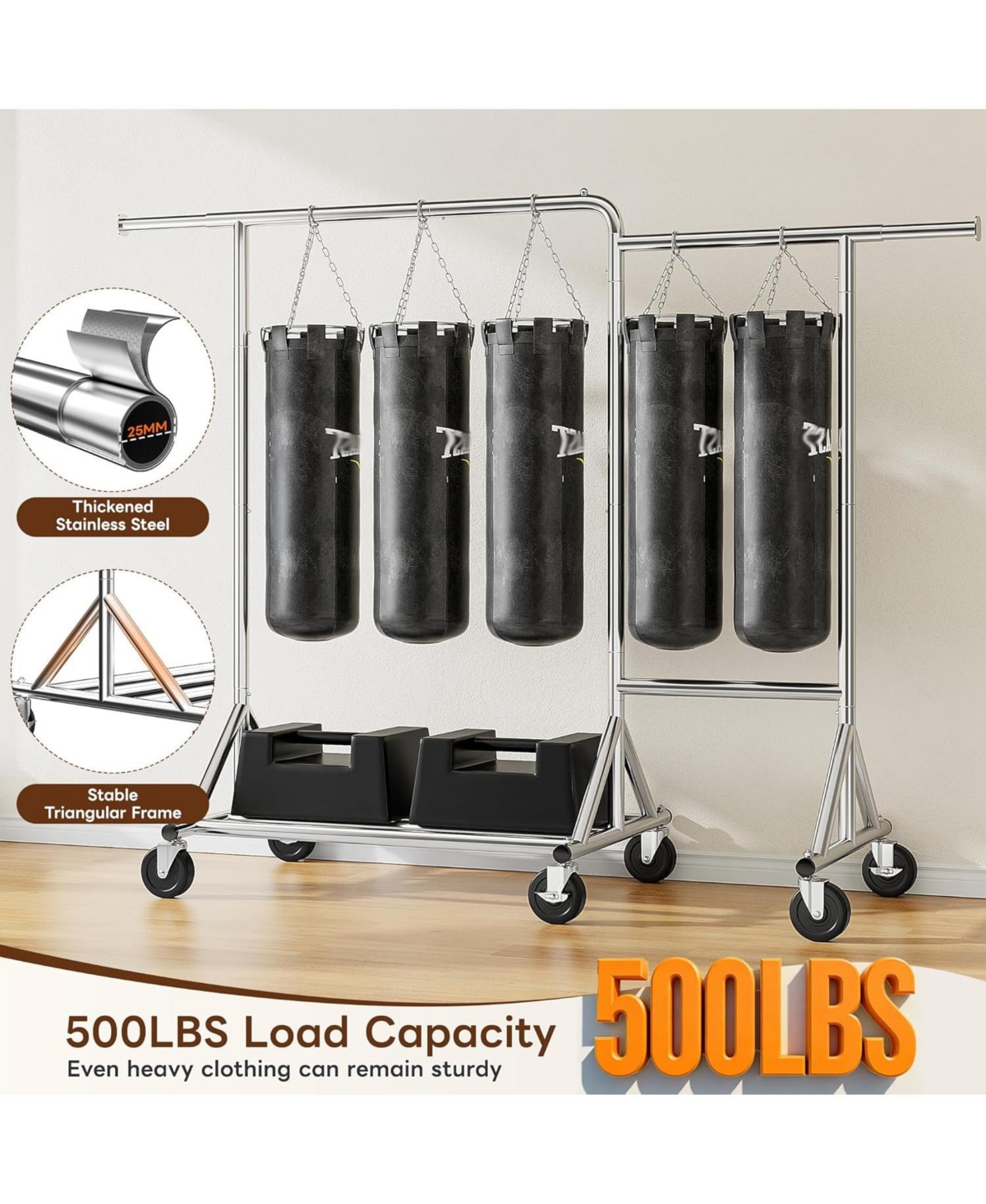 Raybee 82.7" W Clothing Rack Load 500LBS, Heavy Duty Clothes Racks with Wheels, Portable Clothing Racks