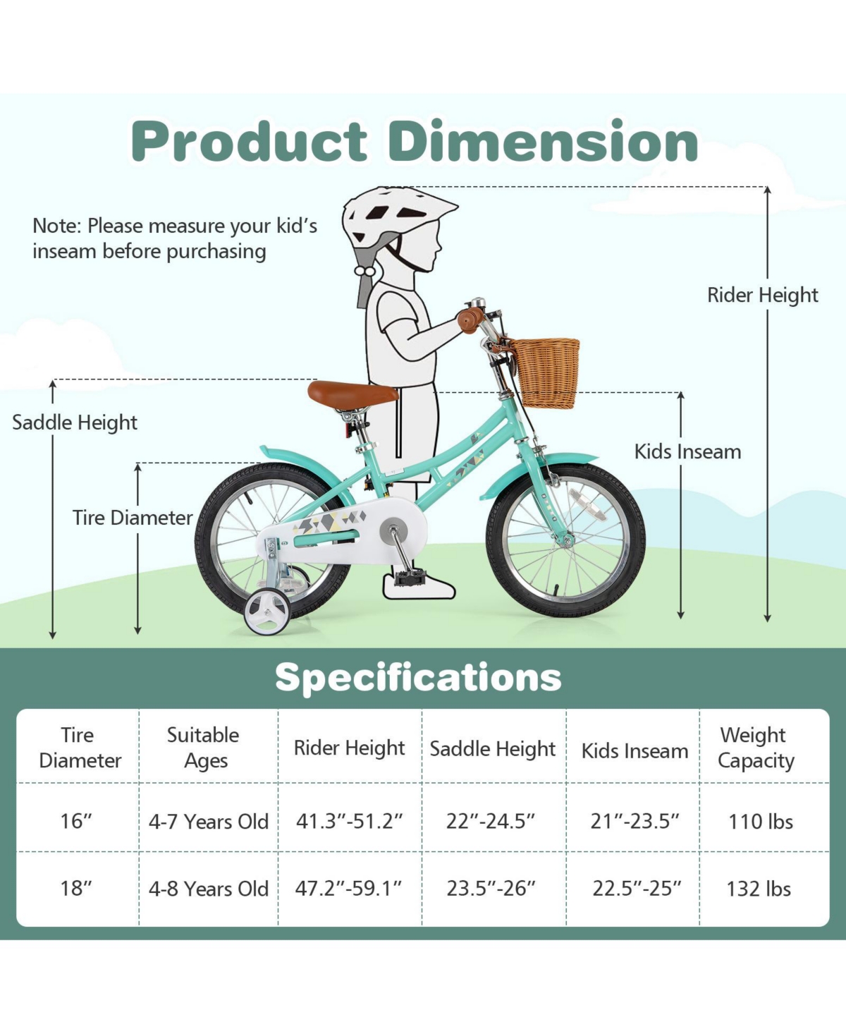 Sugift 16 Inch Kids Bike Bicycle with Training Wheels and 2 Brake System Ages 4-7 Years Old
