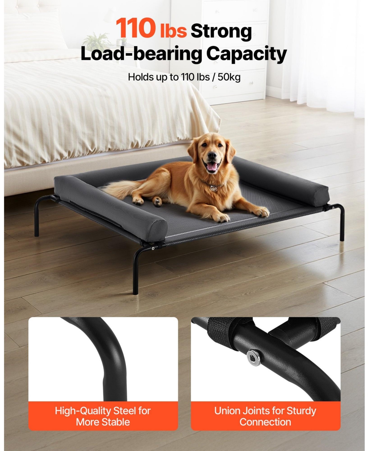 Cozito Steel Frame Portable Elevated Pet Cot with Washable Pillow, Xl, Gray