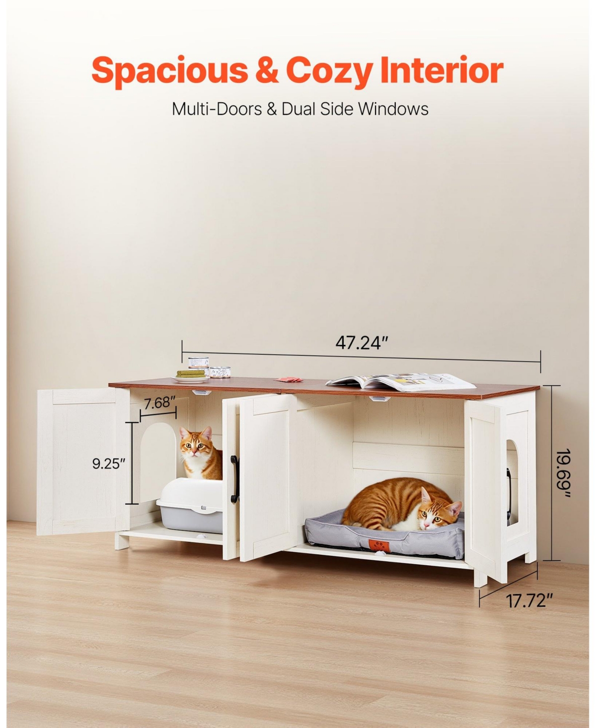 Cozito 4-Door Wooden Litter Box Enclosure for Multi-Cats, 47.2", Brown & White