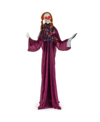 6 ft Halloween Animatronic Standing Girl Holding Book with Sound-Activated Light-up Eyes and Moving Arms & Head