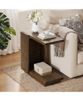 Solid Wood Side Table, C Shaped Sofa End Table, Space-Saving Small Nightstand