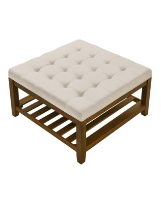 Ivory Upholstered Square Ottoman Coffee Table with Tufted Linen and Beech Wood Shelf