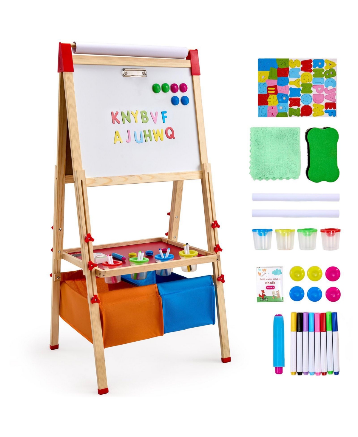 Mecale Kids Art Easel, 3-in-1 Wooden Double-Sided Easel with Whiteboard, Chalkboard, Paper Roll and Accessories
