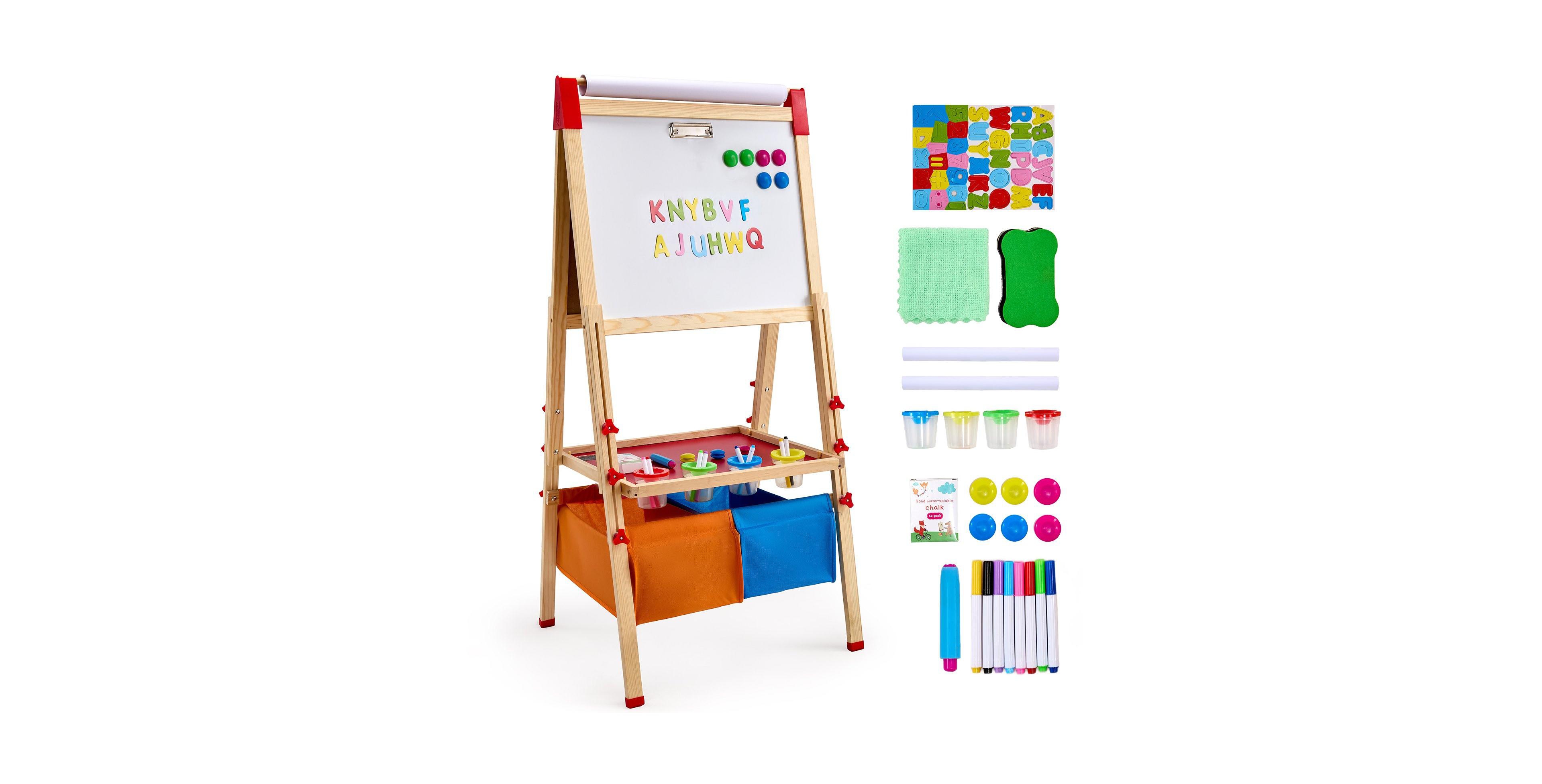 Mecale Kids Art Easel, 3-in-1 Wooden Double-Sided Easel with Whiteboard, Chalkboard, Paper Roll and Accessories
