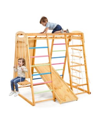 7-in-1 Wooden Indoor Playground with swing, slide, monkey bar, ladders & net, holds up to 250 lbs.