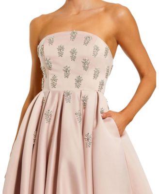 Women's Crystal Embellished Strapless Satin A-Line Dress