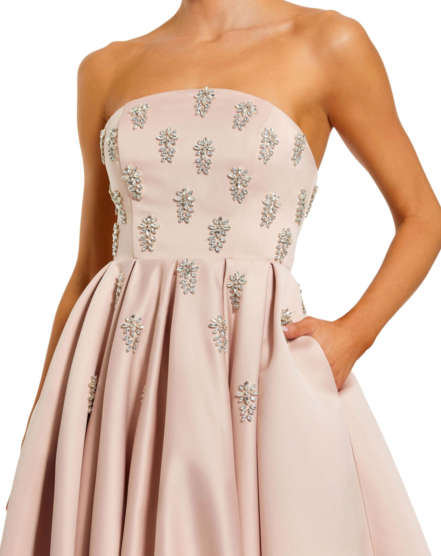 Women's Crystal Embellished Strapless Satin A-Line Dress