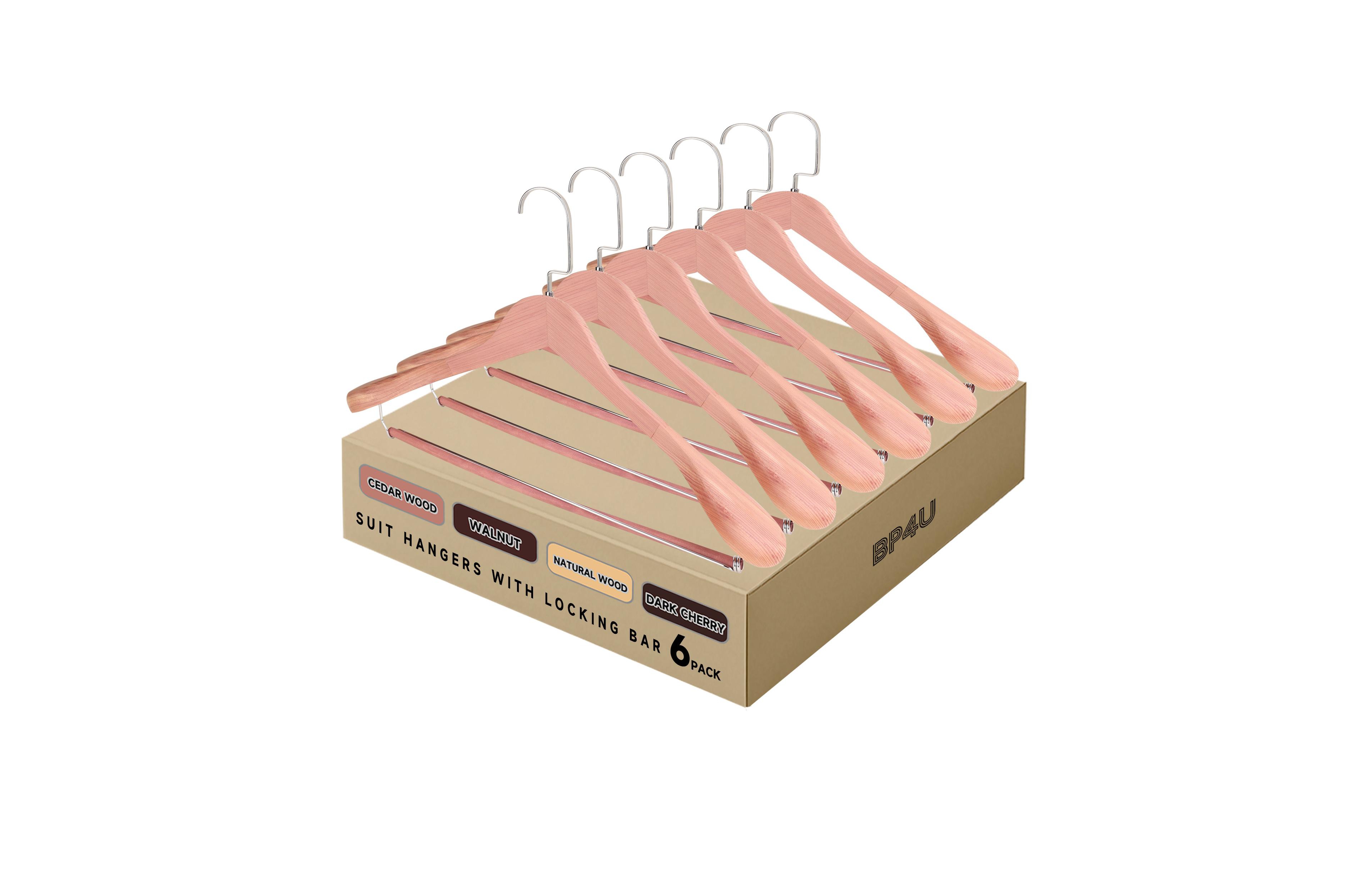 BP4U Premium Wide Shoulder Wooden Suit Hangers, Heavy-Duty Solid Wood Coat Hangers with Locking Pants Bar for Suits, Jackets
