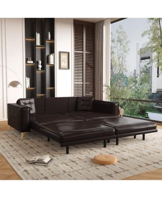 92" Faux Leather King Size Convertible Pull-Out Sleeper Sofa Bed with Wide Armrests & Pillows, 4-Seater