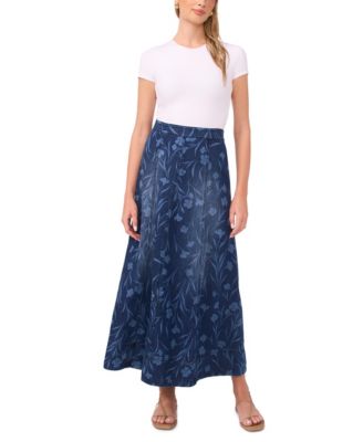 Women's Smocked Waist Seamed Maxi Denim Skirt