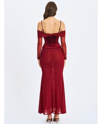 Women's Maybelle Magenta Bardot Lace Strap Peplum Maxi Dress