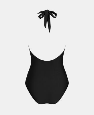 Women's V-Neck Halter One-Piece Swimsuit with Mesh Trim