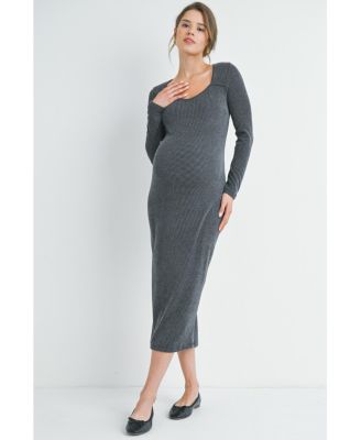 Maternity Sweatheart Long Sleeve Back Slit Ribbed Midi Dress