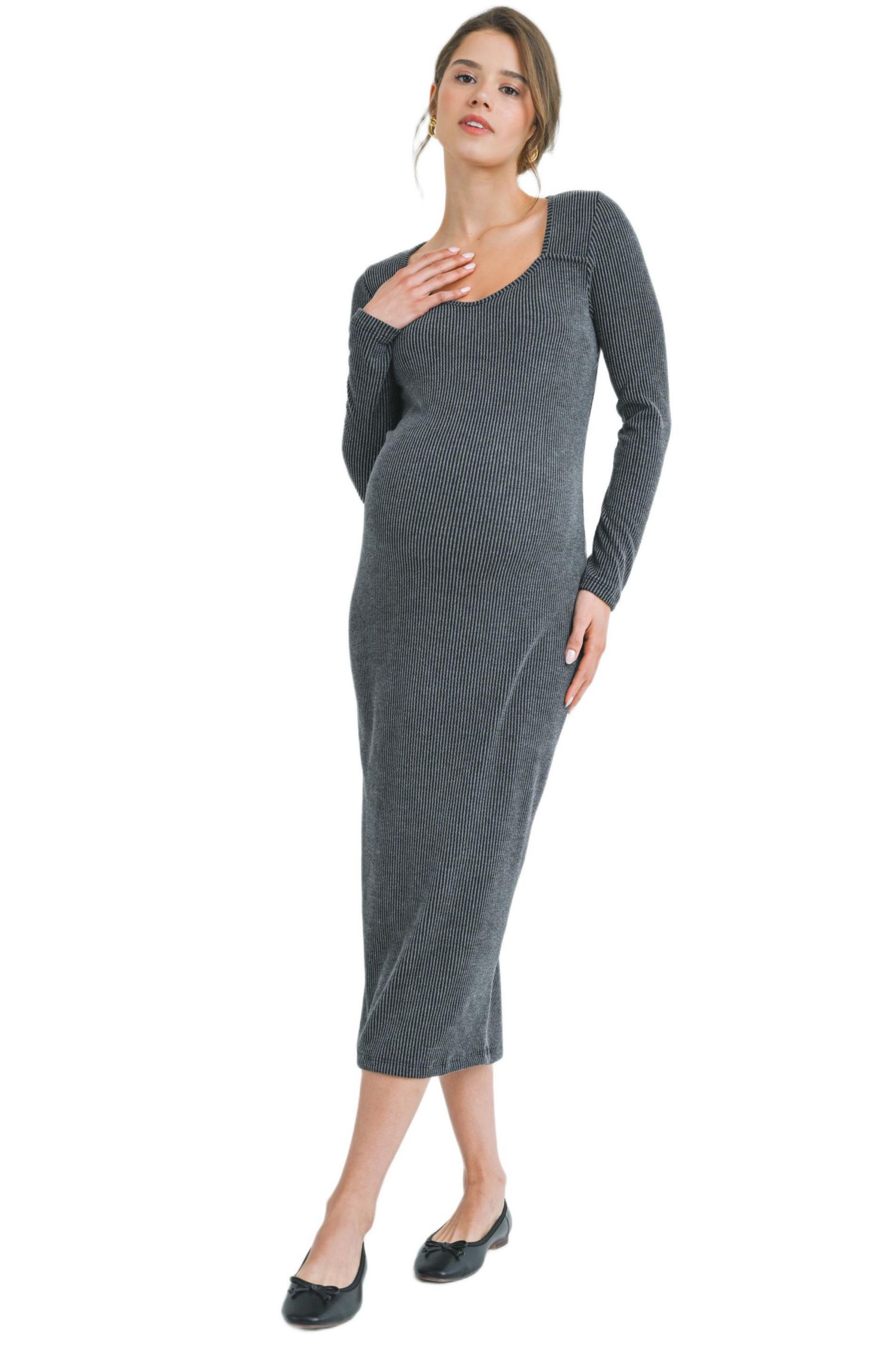 Maternity Sweatheart Long Sleeve Back Slit Ribbed Midi Dress