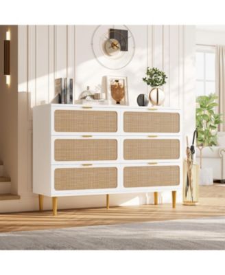 6-Drawer Rattan Dresser, Wide Top, Large Double Chest for Bedroom, Closet, Living Room, Hallway, Kids Room, White