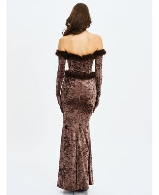 Women's Tessa Coffee Sweetheart Bardot Faux Fur Velvet Mermaid Maxi Dress