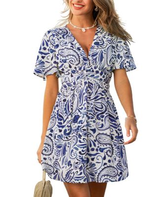 Women's Plunging V-Neck Short-Sleeve Woven Mini Dress