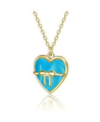 14K Gold Plated with White Mother Of Pearl Heart or Blue Enamel with Bow Pendant Neckalce For Kids