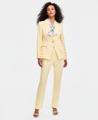 Women's Peak Lapel One-Button Blazer, Printed Tie-Neck Sleeveless Blouse & Flat-Front Straight-Leg Pants