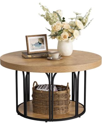 35.5-Inch Rustic Wood 2-Tier Round Coffee Table with Open Storage