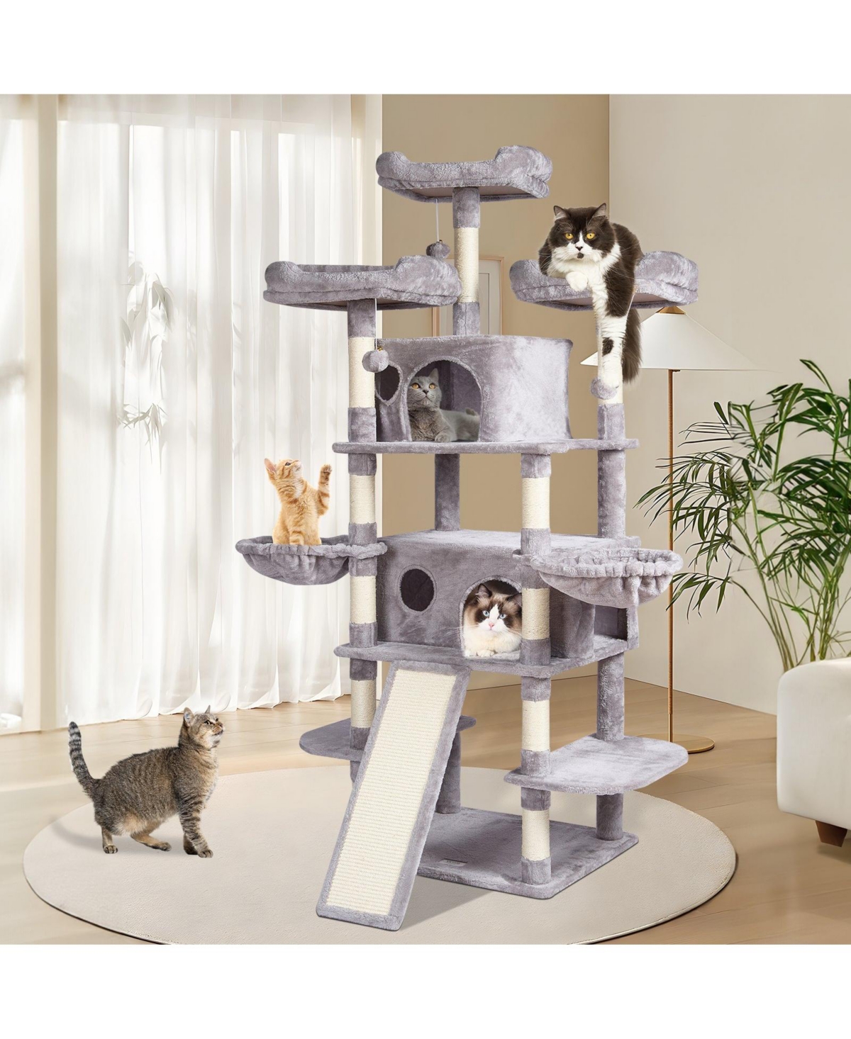 Cozito 68.5" Multi-Level Cat Tree with Ramp & 2 Condos, Light Gray