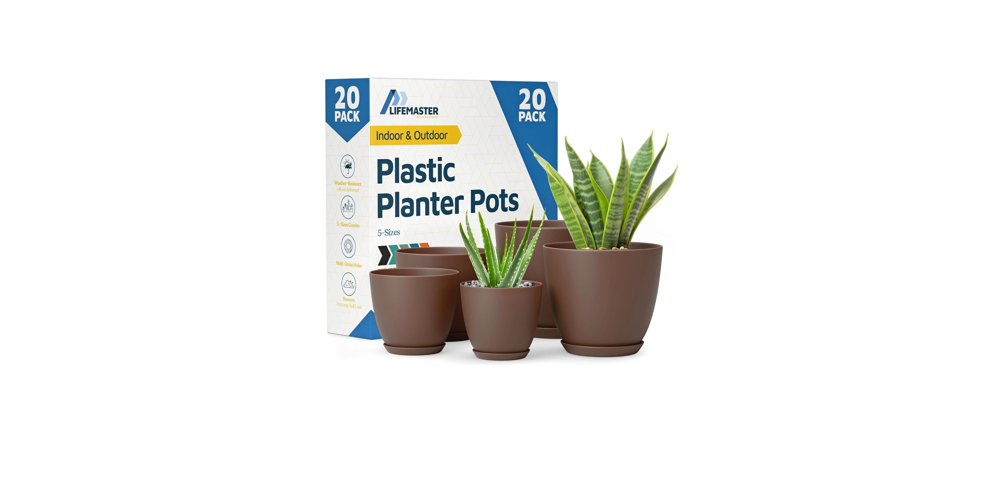 Lifemaster Set of 20 lightweight, durable brown planter pots with drainage holes. Space-saving, versatile, and ideal for indoor/outdoor use