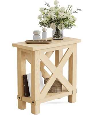 Farmhouse Side Table Set of 2, Narrow End Table for Space Saving, Bedside Furniture for Bedroom, Living Room, Small Spaces, Oak
