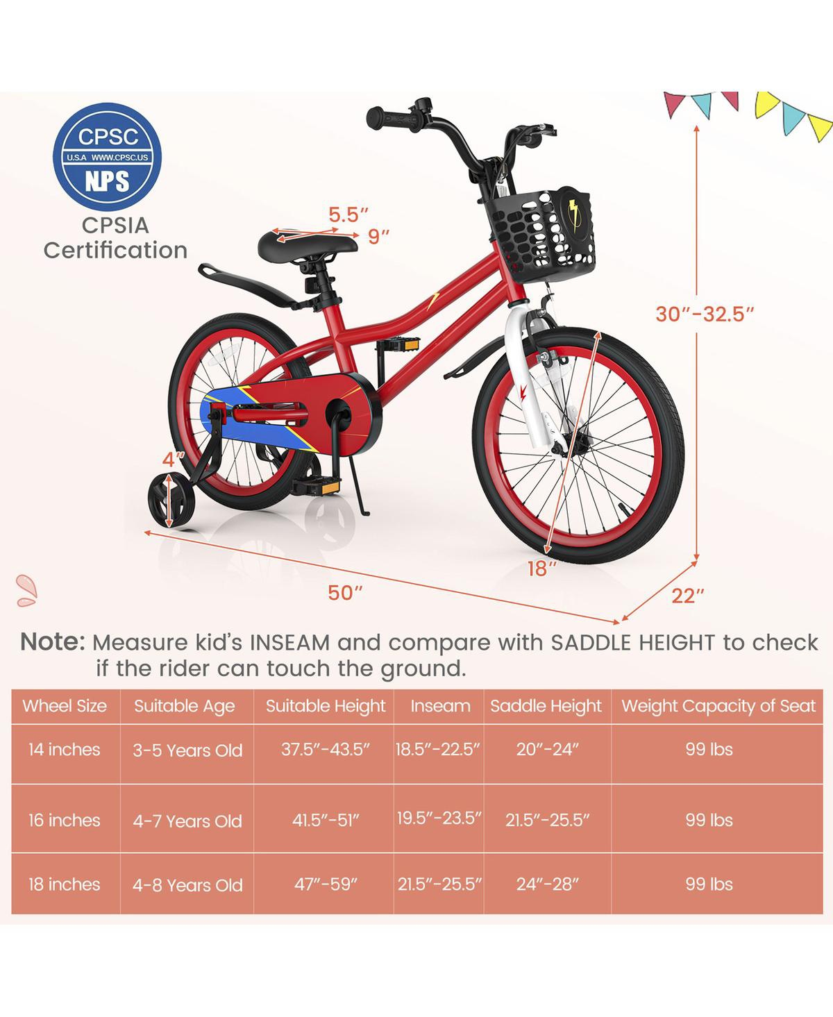 Sugift 18 Feet Kids Bike with Removable Training Wheels-Red