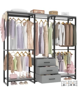 Heavy Duty Closet Rack with 5 Hanging Rods & 3 Fabric Drawers, Reversible Garment Rack with Shelves for Closet/Bedroom