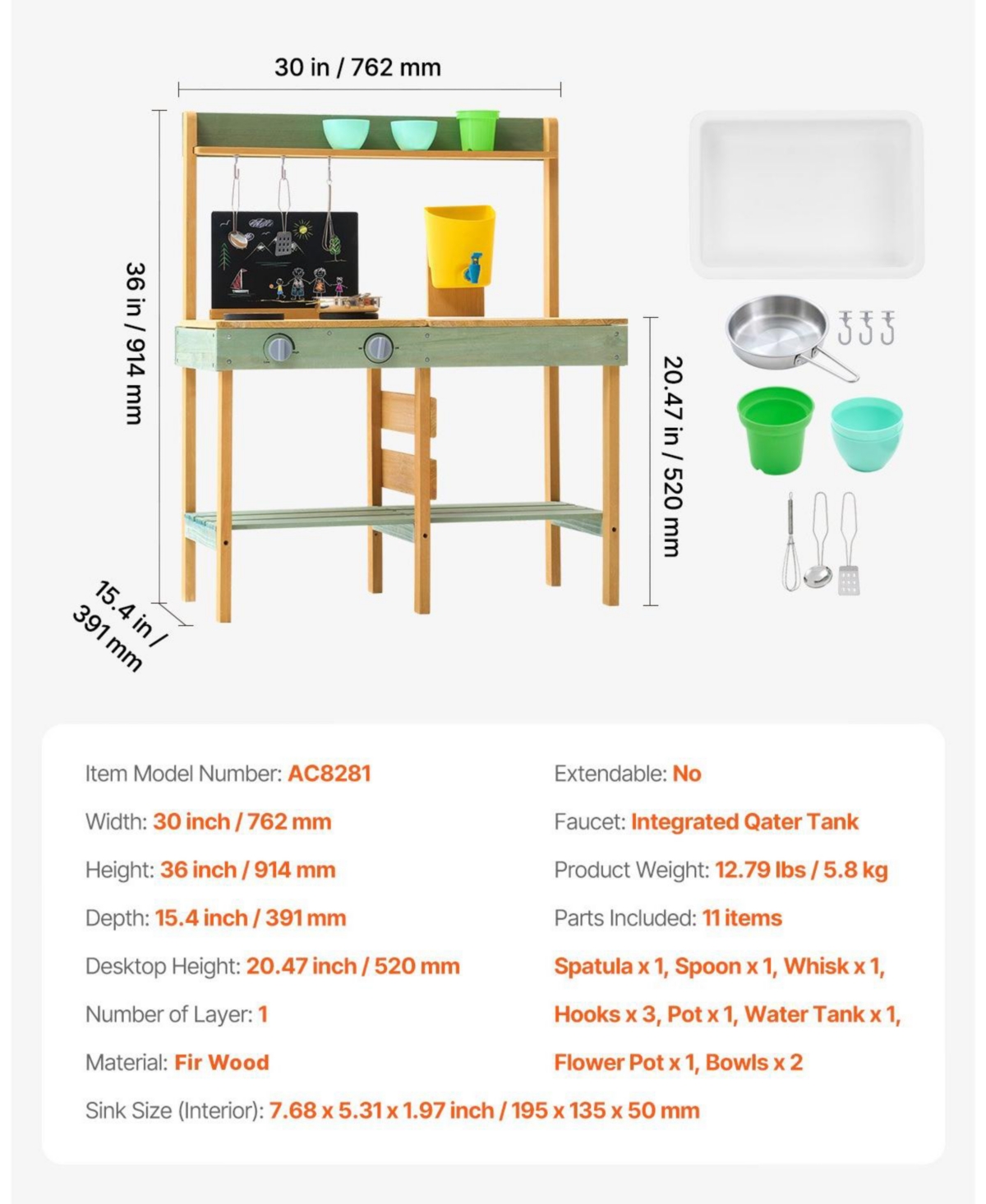 Sugift Outdoor Mud Kitchen with Planter Box, Blackboard & Faucet