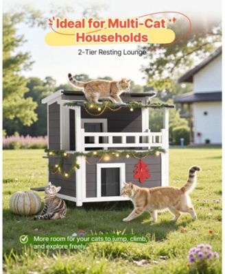Insulated 2-Story Wooden Outdoor Cat House with Balcony, 33
