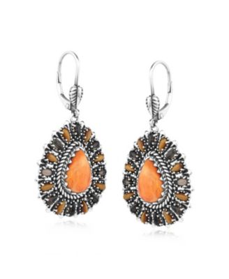 Sterling Silver Orange Spiny Oyster, Tiger's Eye, and Smoky Quartz Cluster Pear Shaped Dangle Earrings