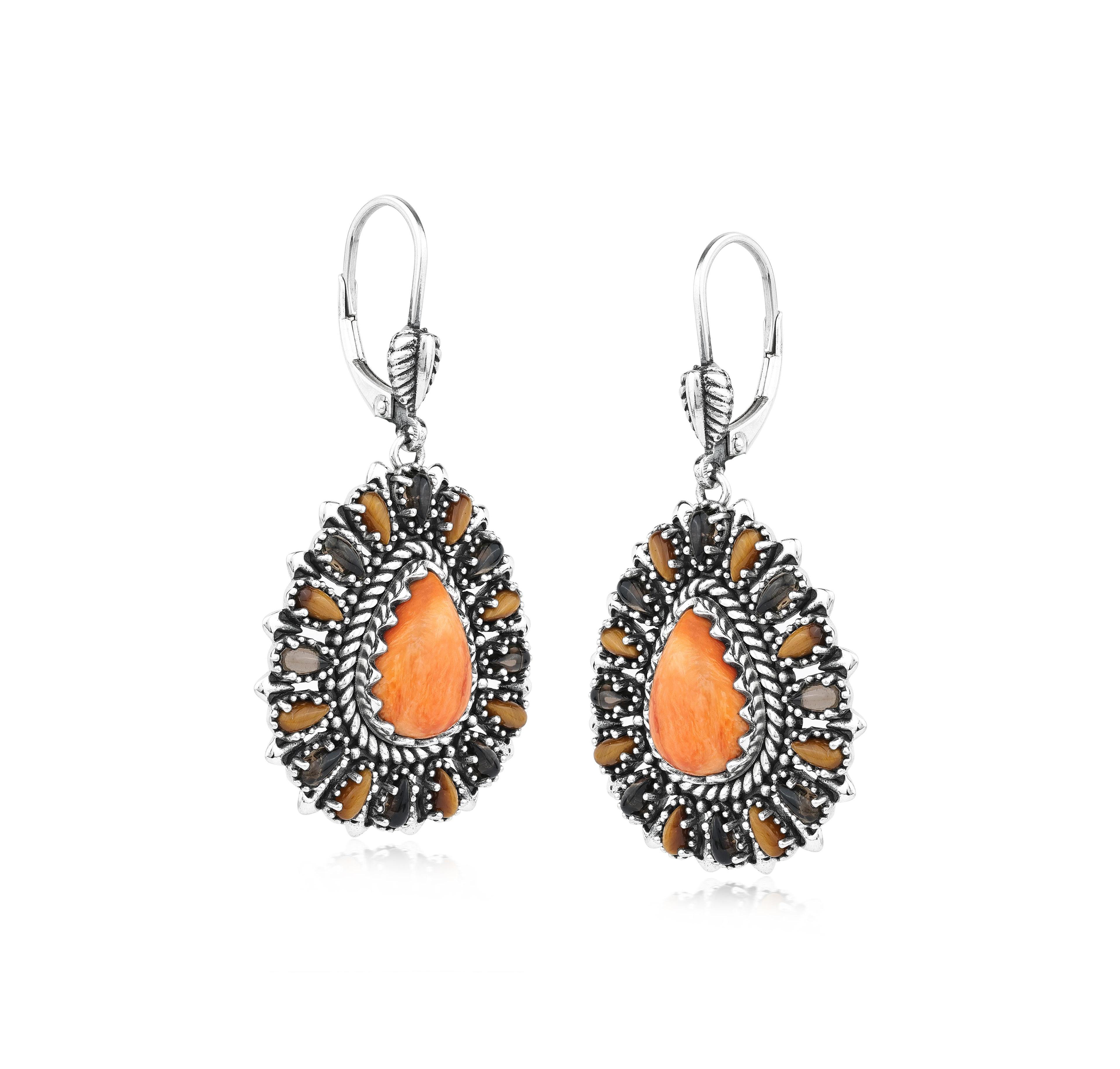 American West Jewelry Sterling Silver Orange Spiny Oyster, Tiger's Eye, and Smoky Quartz Cluster Pear Shaped Dangle Earrings