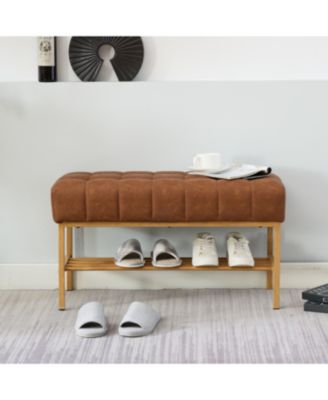 Streamdale Upholstered Shoe Bench with Shelf and Metal Legs, 300 LB Capacity