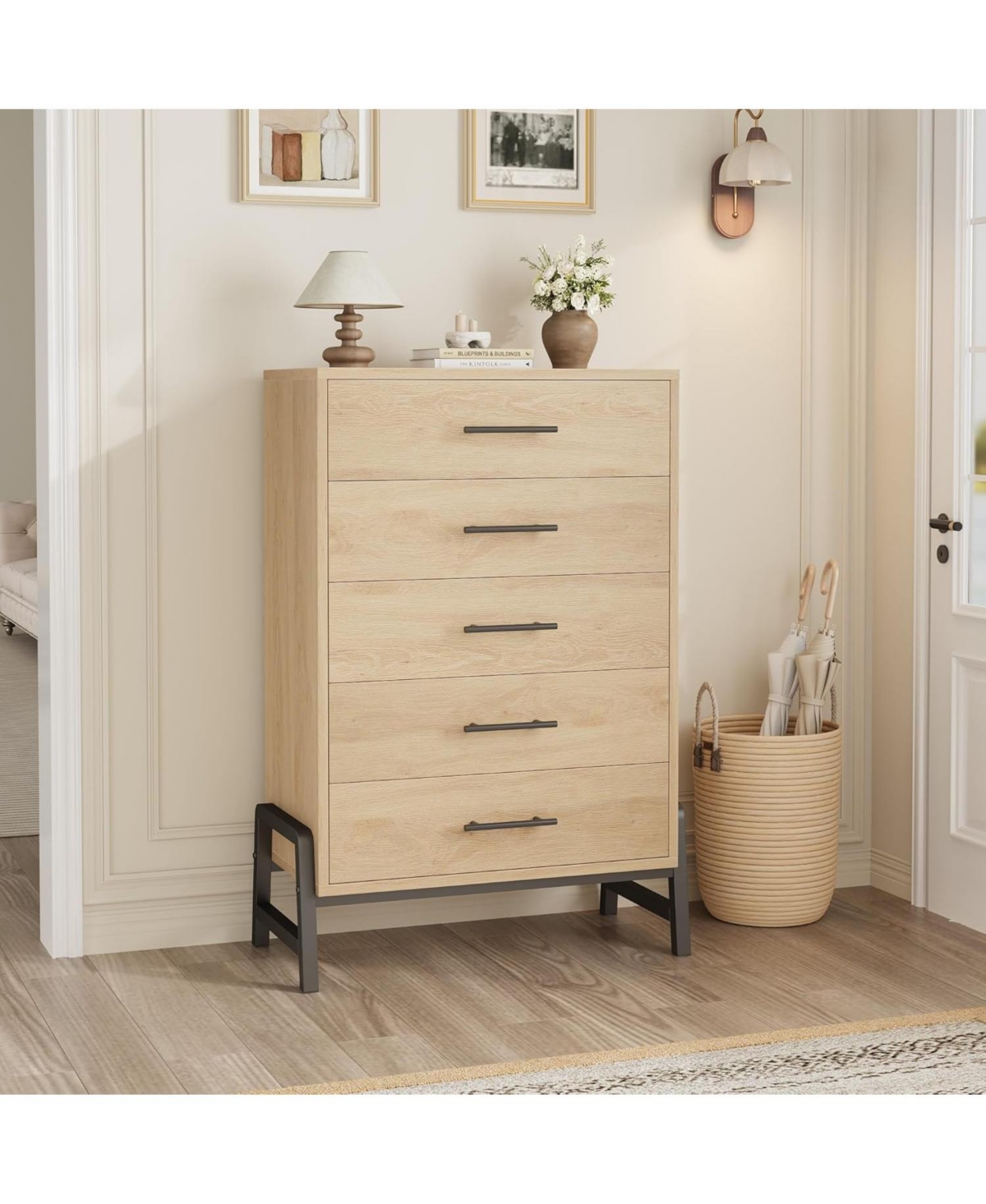 gaomon 5-Drawer Natural Oak Dresser, 50.5 Inch Tall Freestanding Wood Chest, Large Closet Storage for Home Office