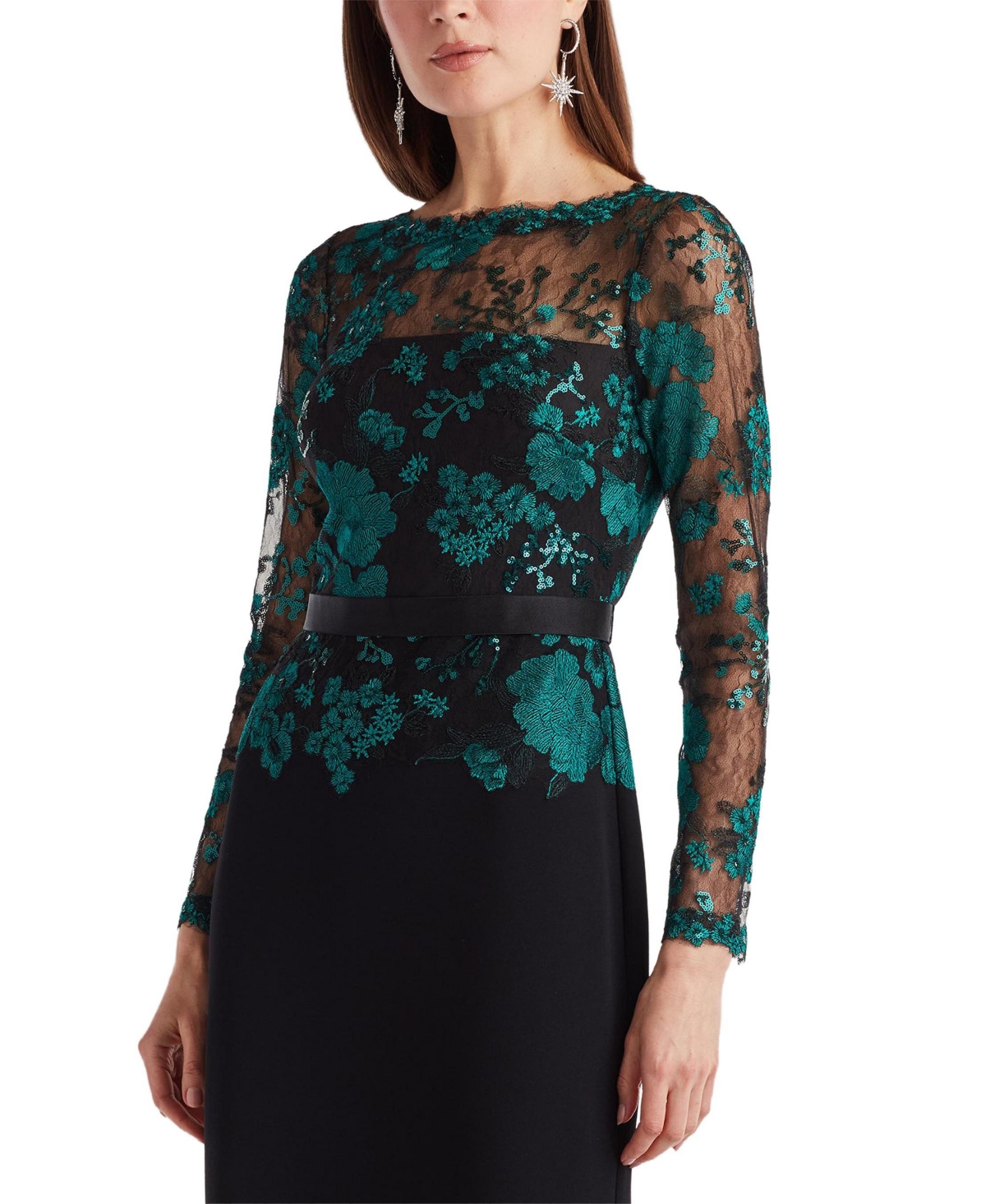 Tadashi Shoji Women's Beacon Belted Embroidered Illusion Gown