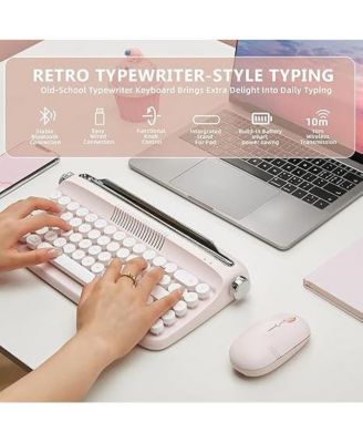 Upgraded Wireless Typewriter Keyboard, Retro Keyboard with Integrated Stand, USB-C/Bluetooth Keyboard with Cute Round Keycaps for Multi Device