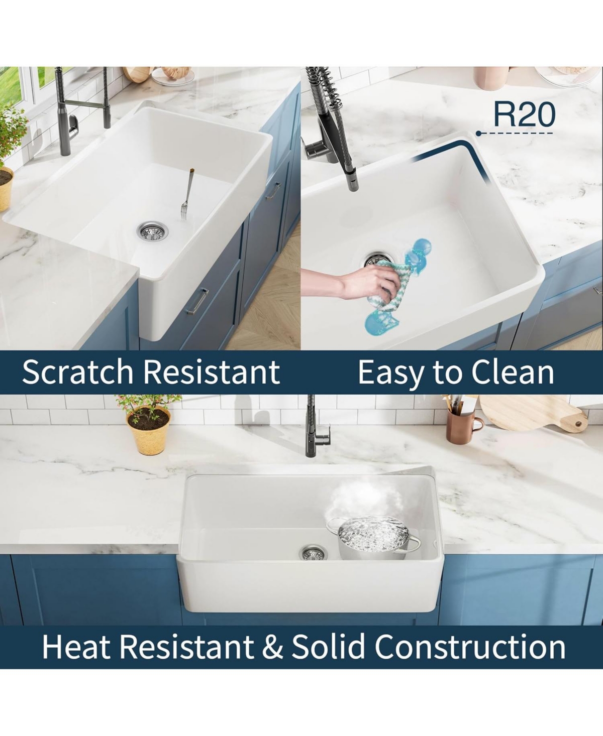 flynama 33inch White Fireclay Farmhouse Sink Apron Front Ceramic Porcelain Deep Single Bowl