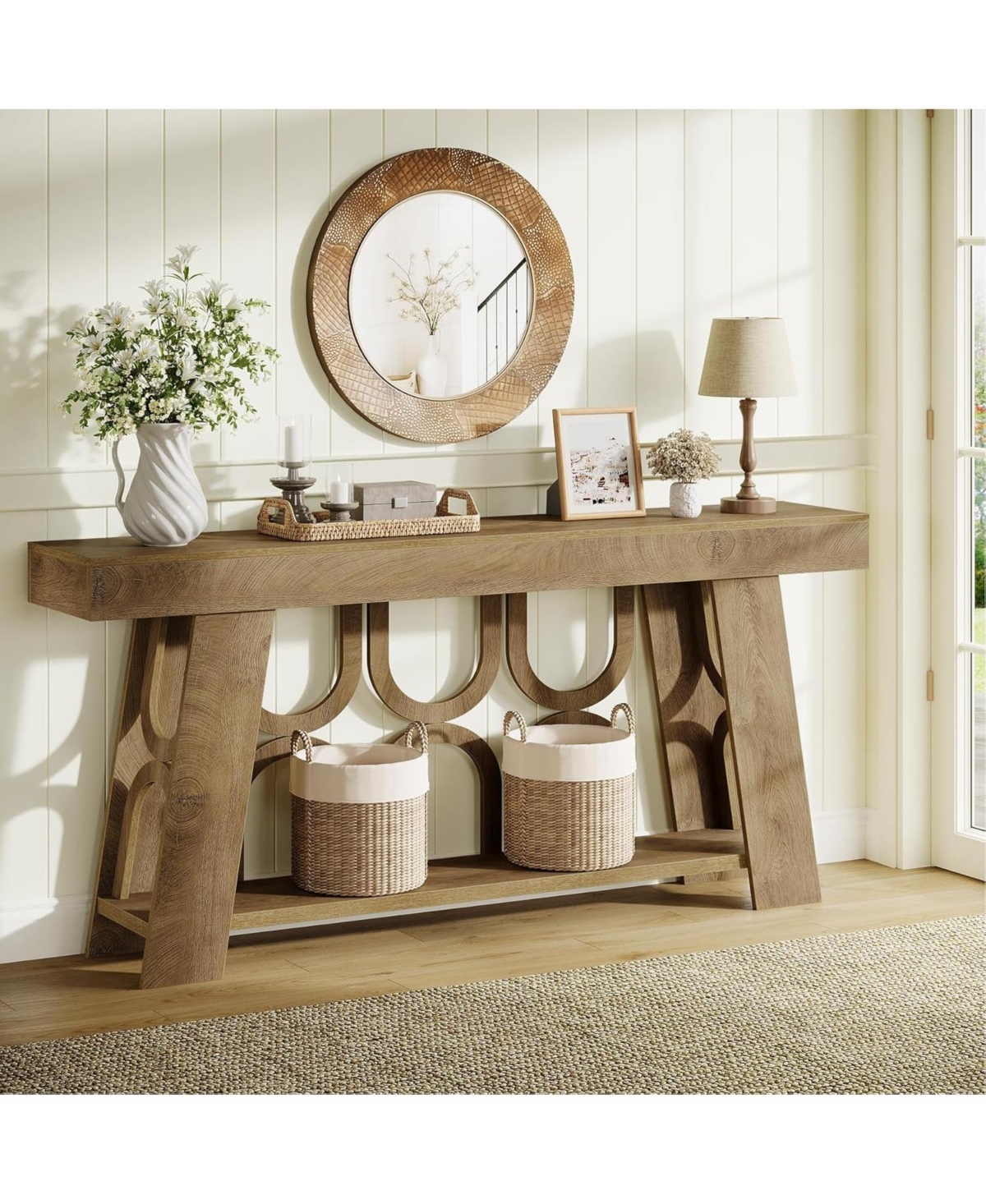 Tribesigns Narrow Farmhouse Console Table with 2-Tier Storage, 63" Long Sofa Entryway Table, Light Brown