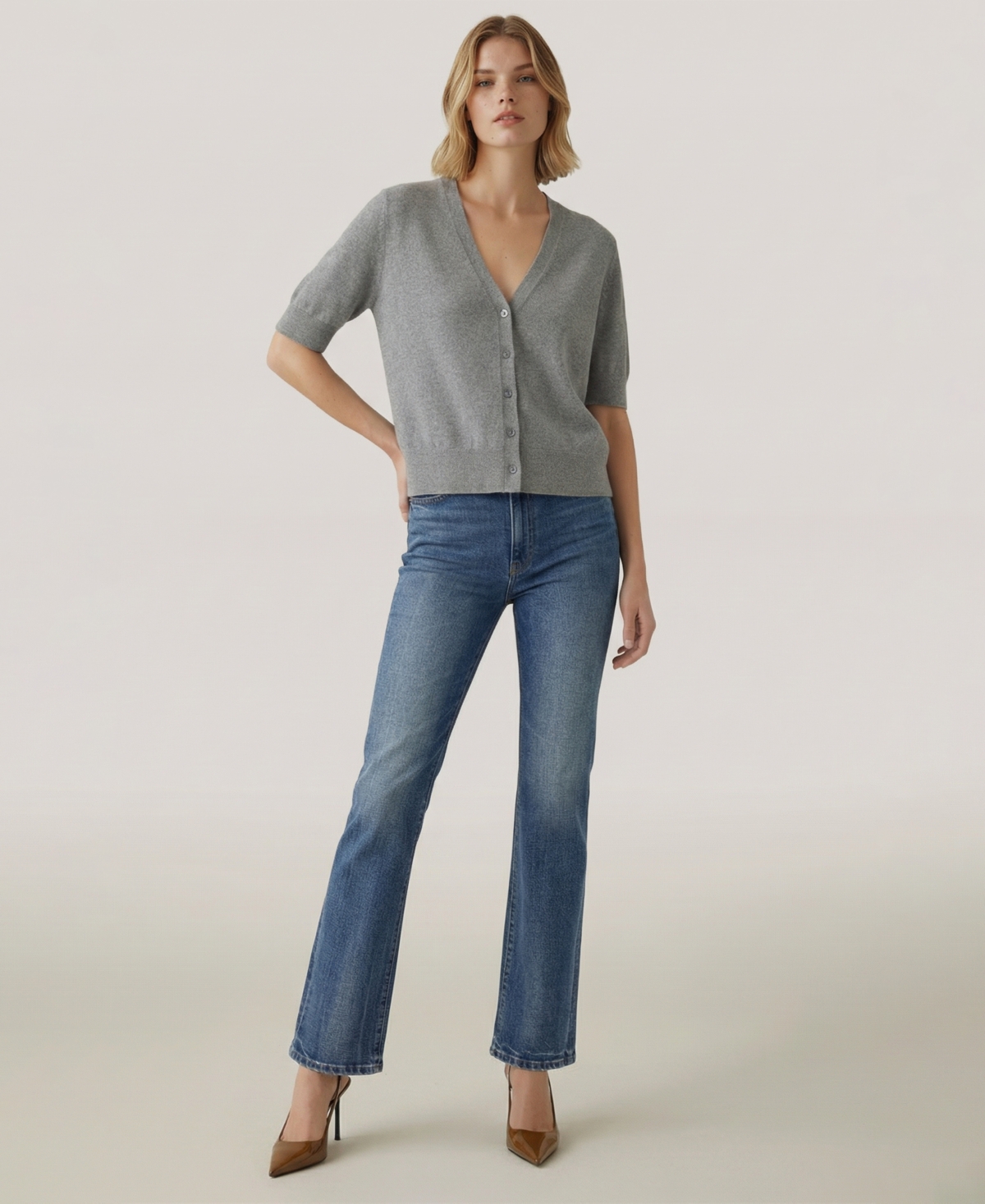 Naadam Women's Striped V-Neck Button-Front Cardigan